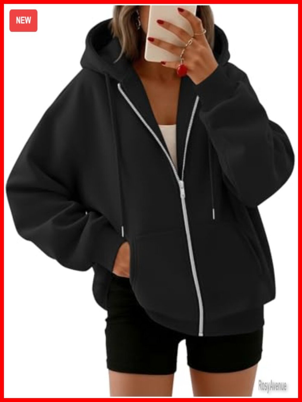 Oversized Zip Up Hoodie Cotton Poly Fleece Full Zip Drawstring Y2K Sweatshirt